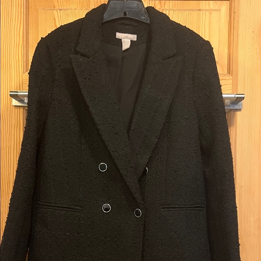 H&M Black Textured  Double Breasted Blazer Boucle Tweed Sz M